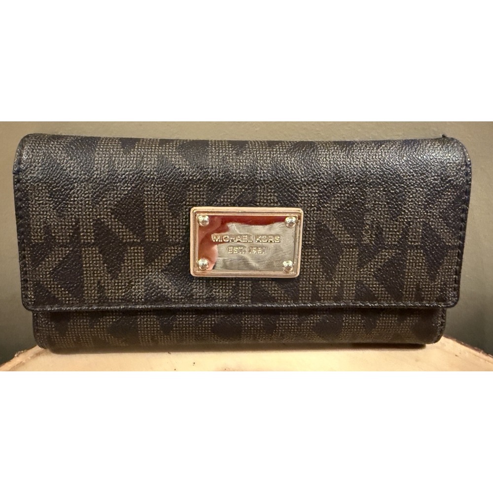 Michael Kors Brown Jet‎ Set Logo Plated Lg Fold Over Monogram  Organizer Wallet